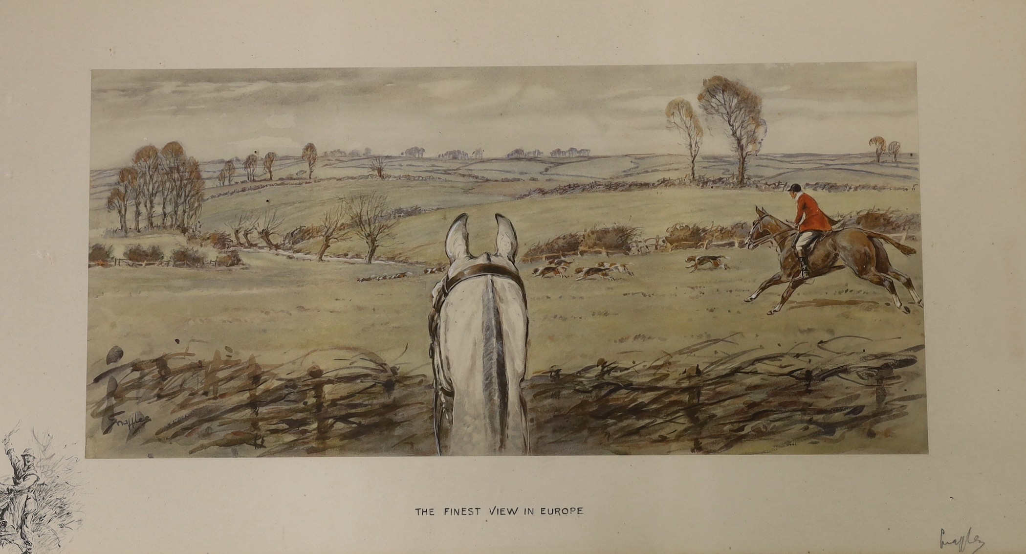 Charles Johnston Payne (Snaffles), two colour prints, 'The Finest View in Europe', signed in pencil and blindstamped and 'The Worst View in Europe', 35 x 63cm